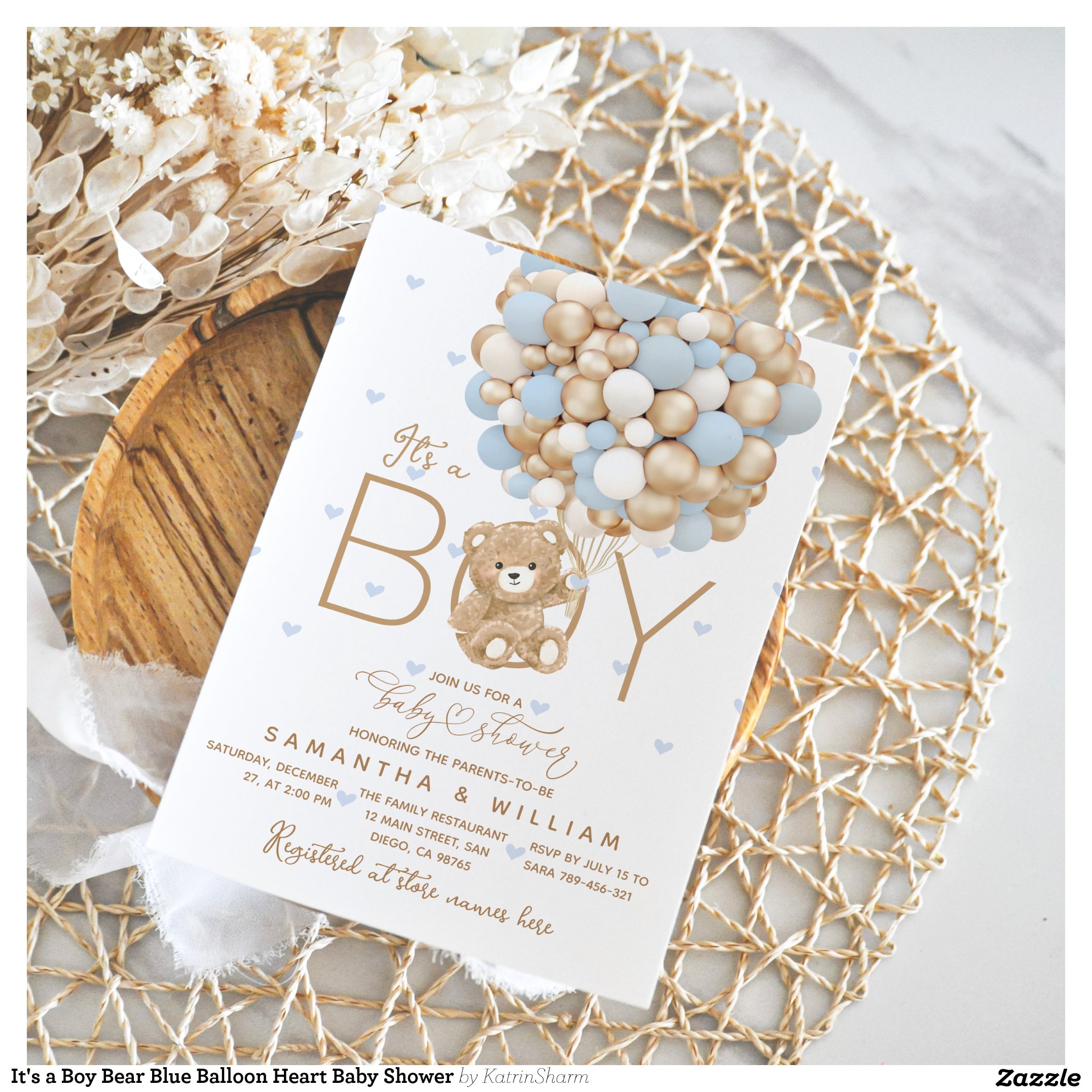 It's a Boy Bear Blue Balloon Heart Baby Shower Invitation