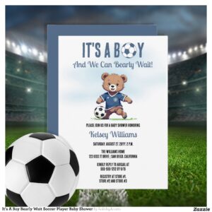 It's A Boy Bearly Wait Soccer Player Baby Shower Invitation