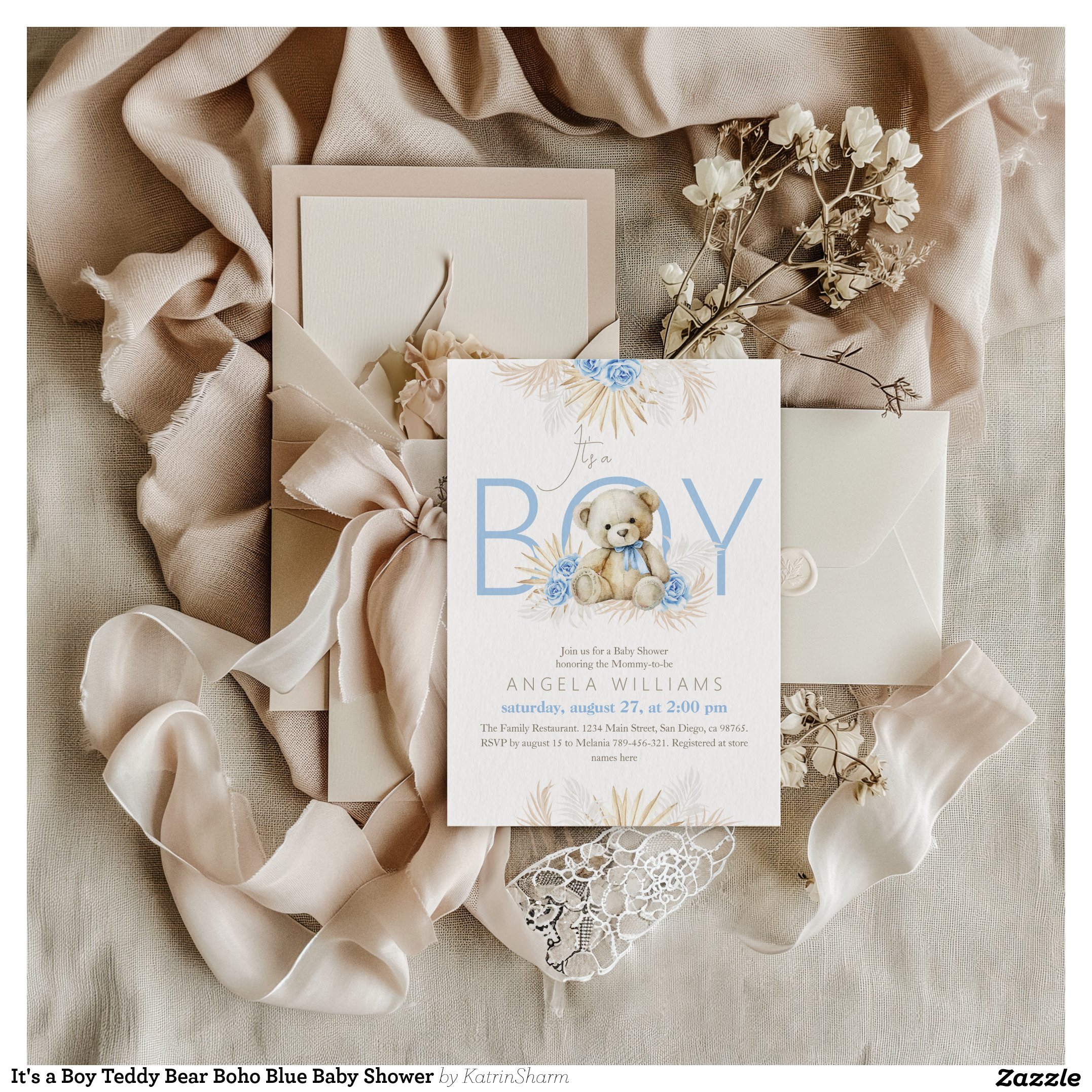 It's a Boy Teddy Bear Boho Blue Baby Shower Invitation