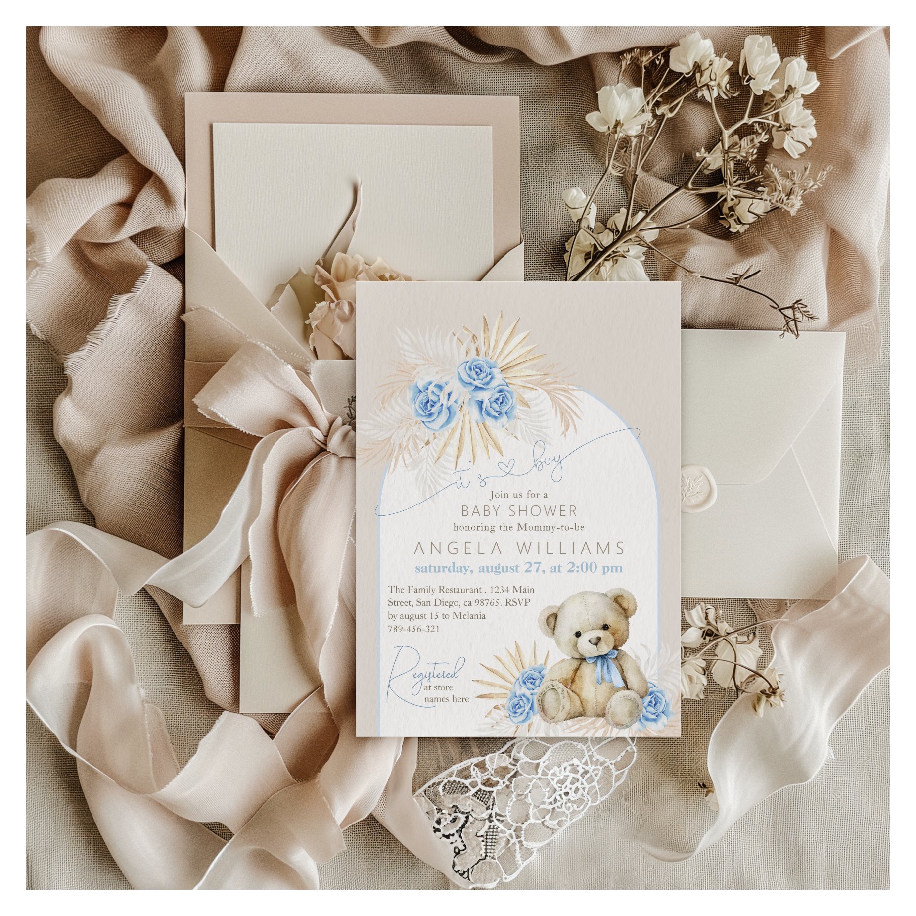 It's a Teddy Bear Boho Blue Roses Baby Shower Invitation
