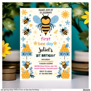 joy spring daisy Yellow first 1st bee day birthday Invitation