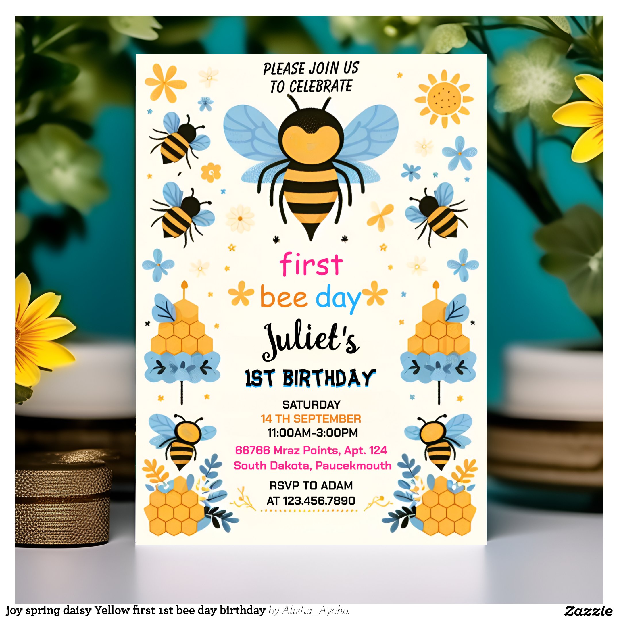 joy spring daisy Yellow first 1st bee day birthday Invitation