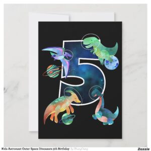 Kids Astronaut Outer Space Dinosaurs 5th Birthday Invitation