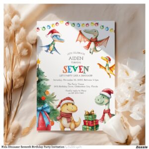 Kids Dinosaur Seventh Birthday Party Invitation