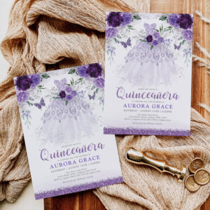 Lavender Quincea?era Princess Dress Butterflies Invitation