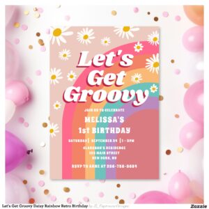 Let's Get Groovy Daisy Rainbow Retro Birthday Invitation