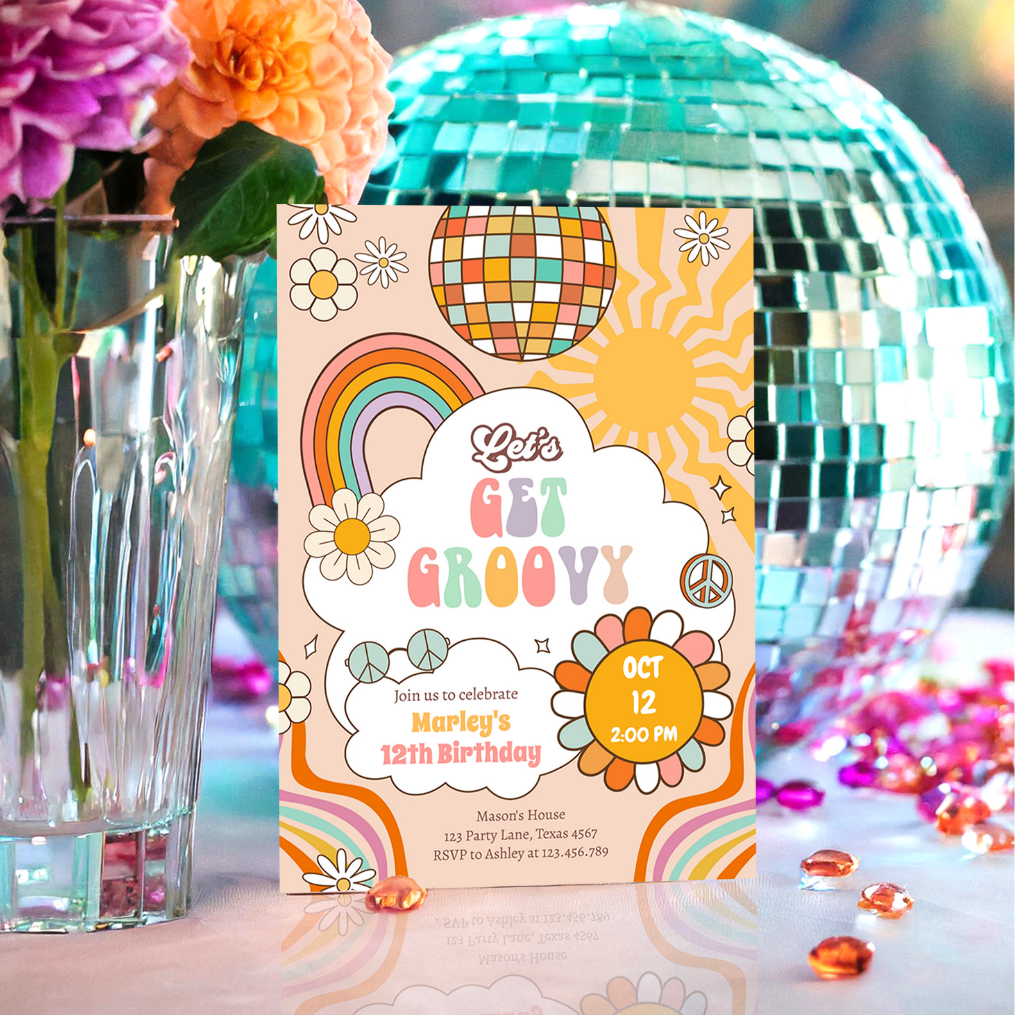Let's Get Groovy Retro 70s Rainbow Teen Birthday Invitation