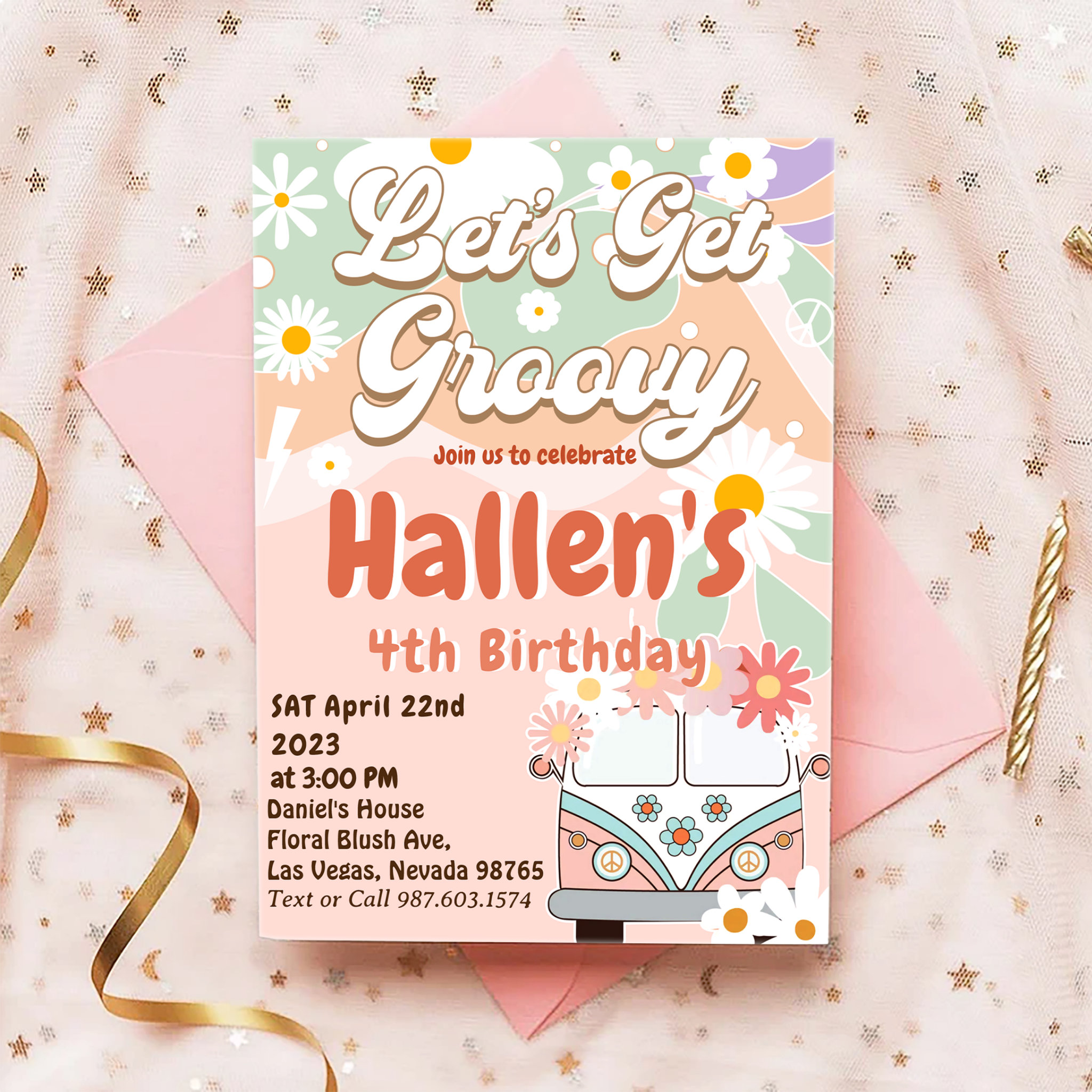 Let's Get Groovy Retro Boho Daisy Rainbow Birthday Invitation