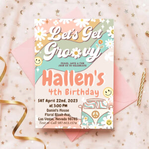 Let's Get Groovy Retro Boho Daisy Rainbow Birthday Invitation