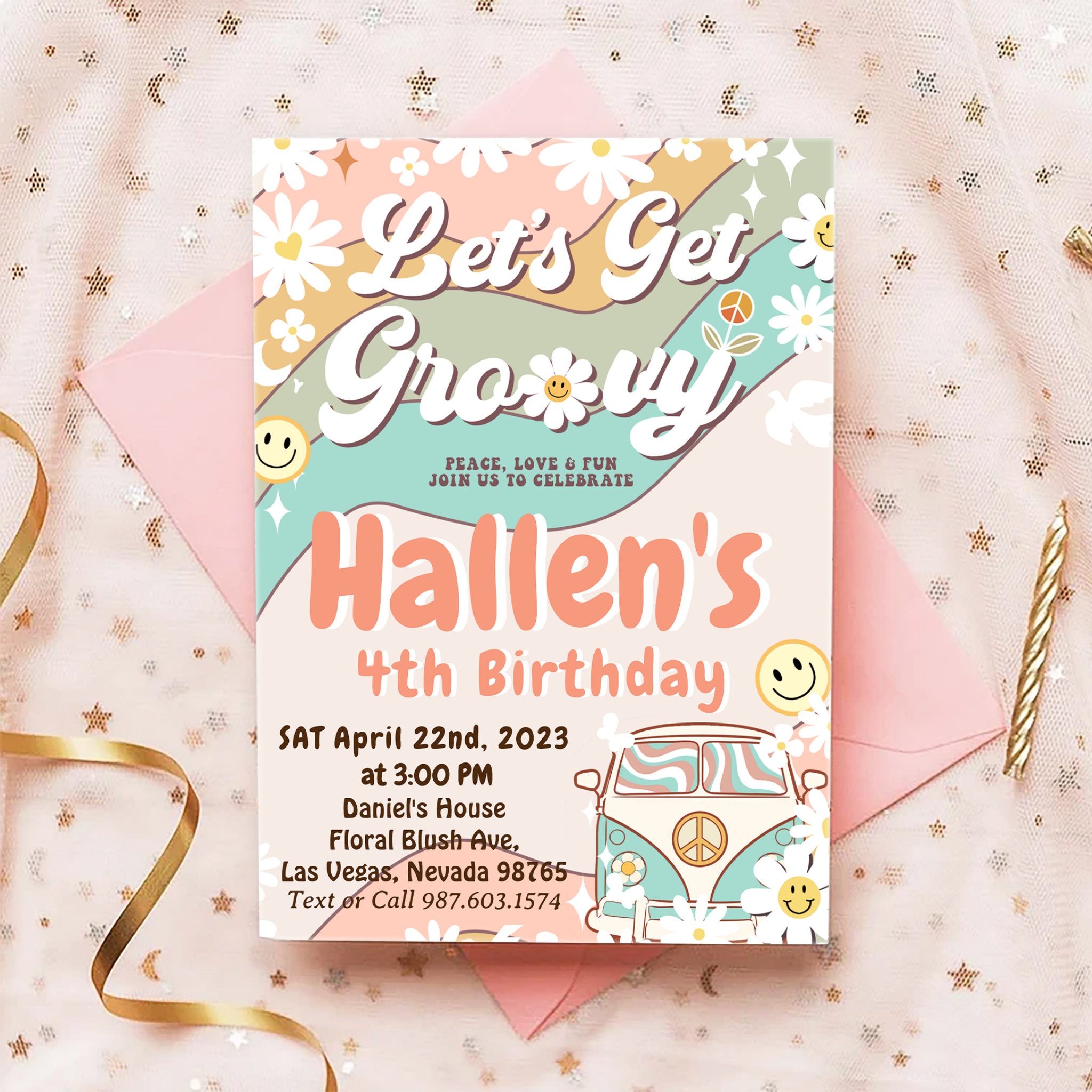 Let's Get Groovy Retro Boho Daisy Rainbow Birthday Invitation