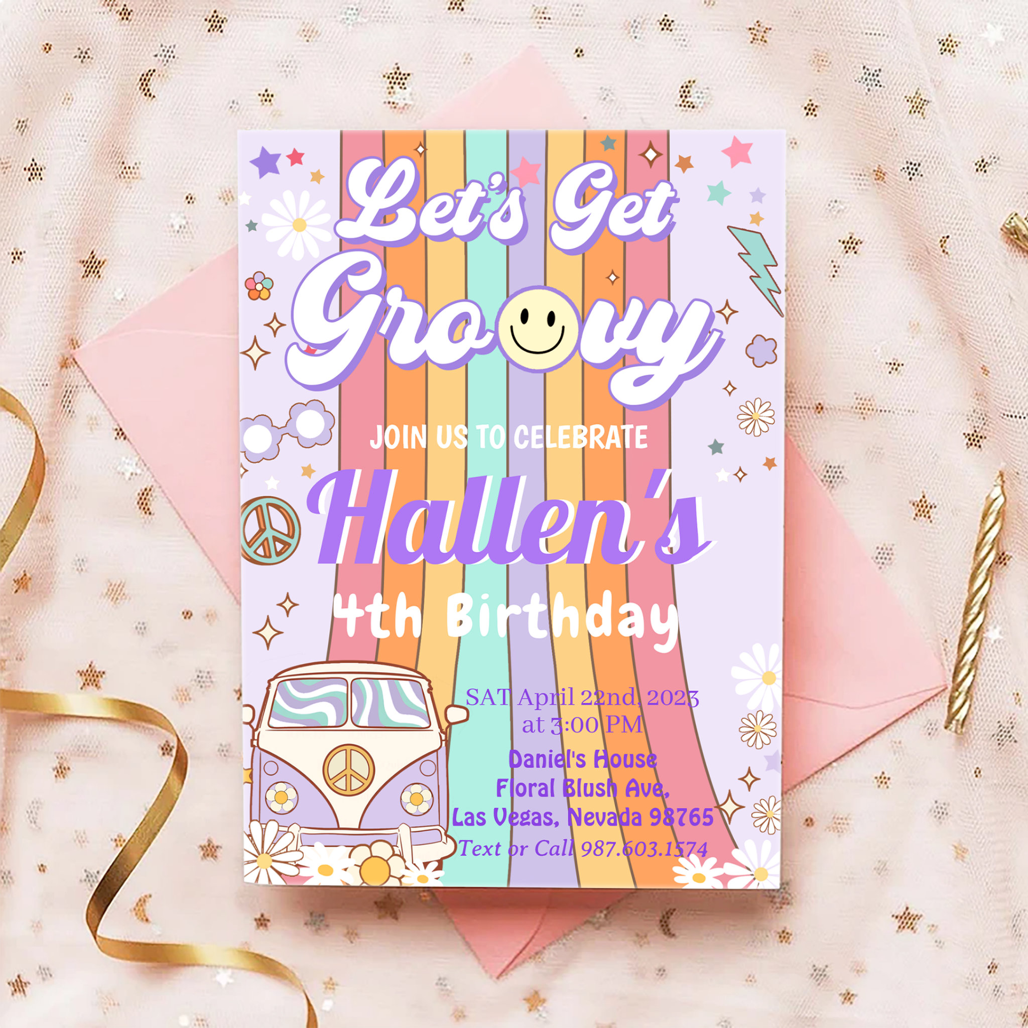 Let's Get Groovy Retro Boho Daisy Rainbow Birthday Invitation