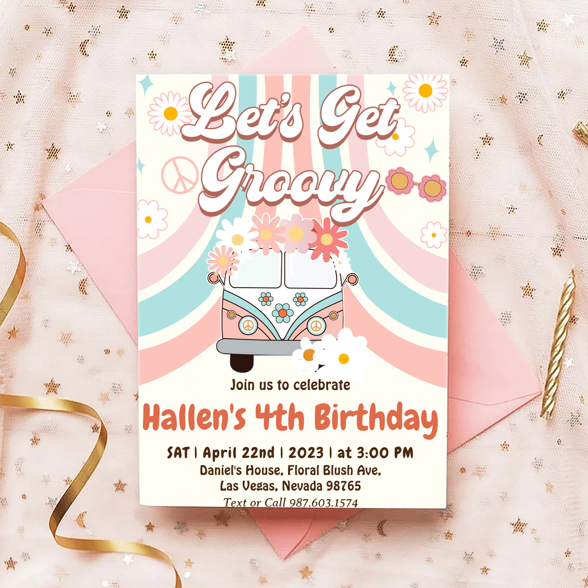 Let's Get Groovy Retro Boho Daisy Rainbow Birthday Invitation