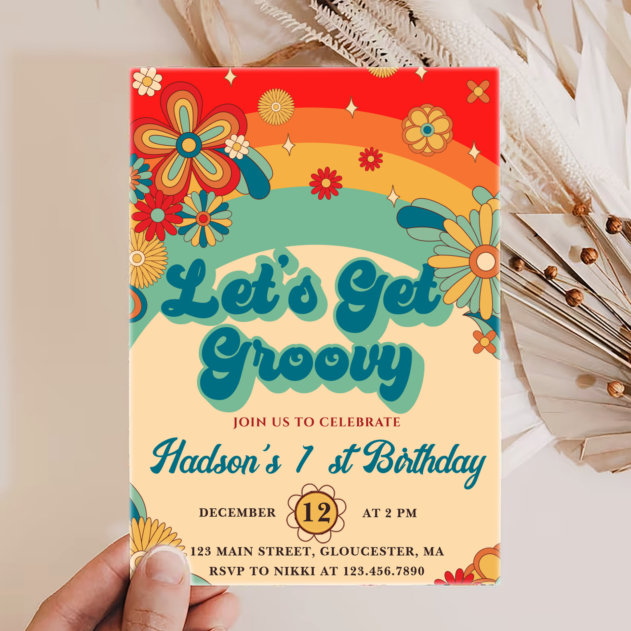 Let's Get Groovy Retro Floral First Birthday Invitation