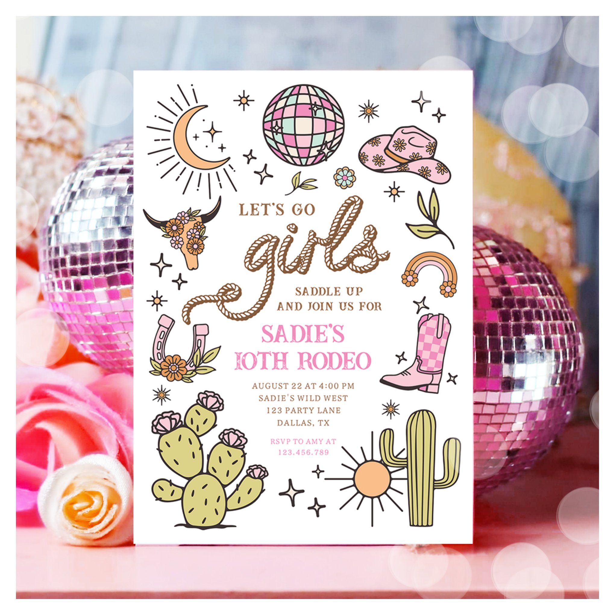 Let's Go Girls Rodeo Retro Disco Cowgirl Birthday Invitation