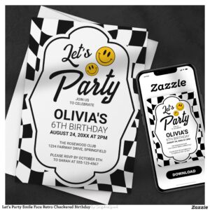 Let's Party Smile Face Retro Checkered Birthday Invitation