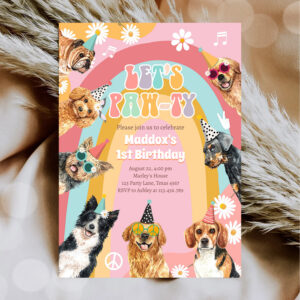 Let's Pawty Dog Retro Groovy Girl Birthday Invitation