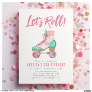 Let's Roll Retro Roller Skate Girl Birthday Invitation