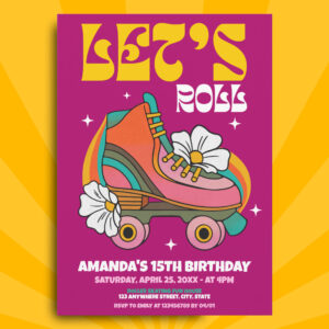 Let's Roll Roller Skate Retro 70s Birthday Party Invitation