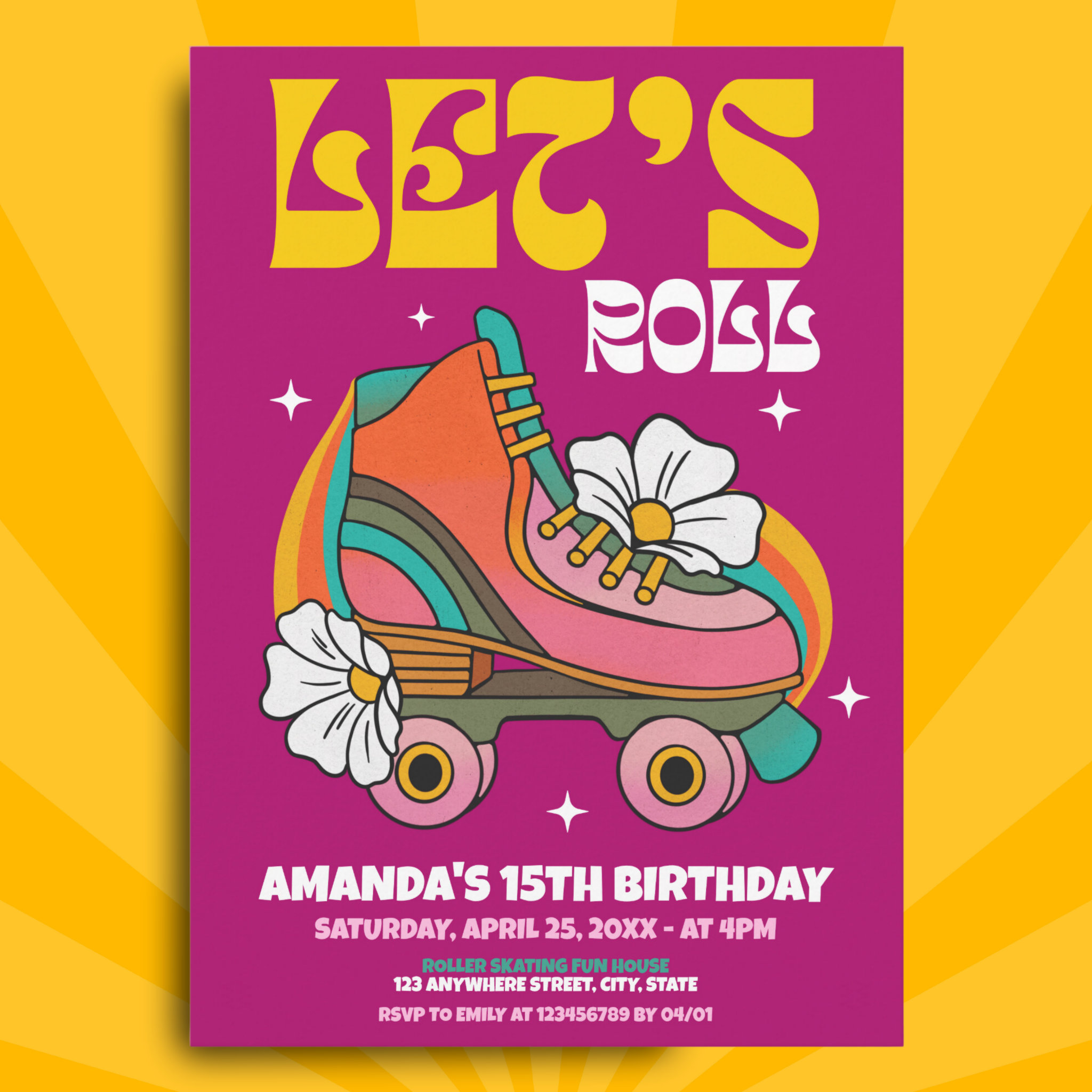 Let's Roll Roller Skate Retro 70s Birthday Party Invitation