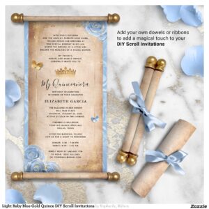 Light Baby Blue Gold Quince DIY Scroll Invitations