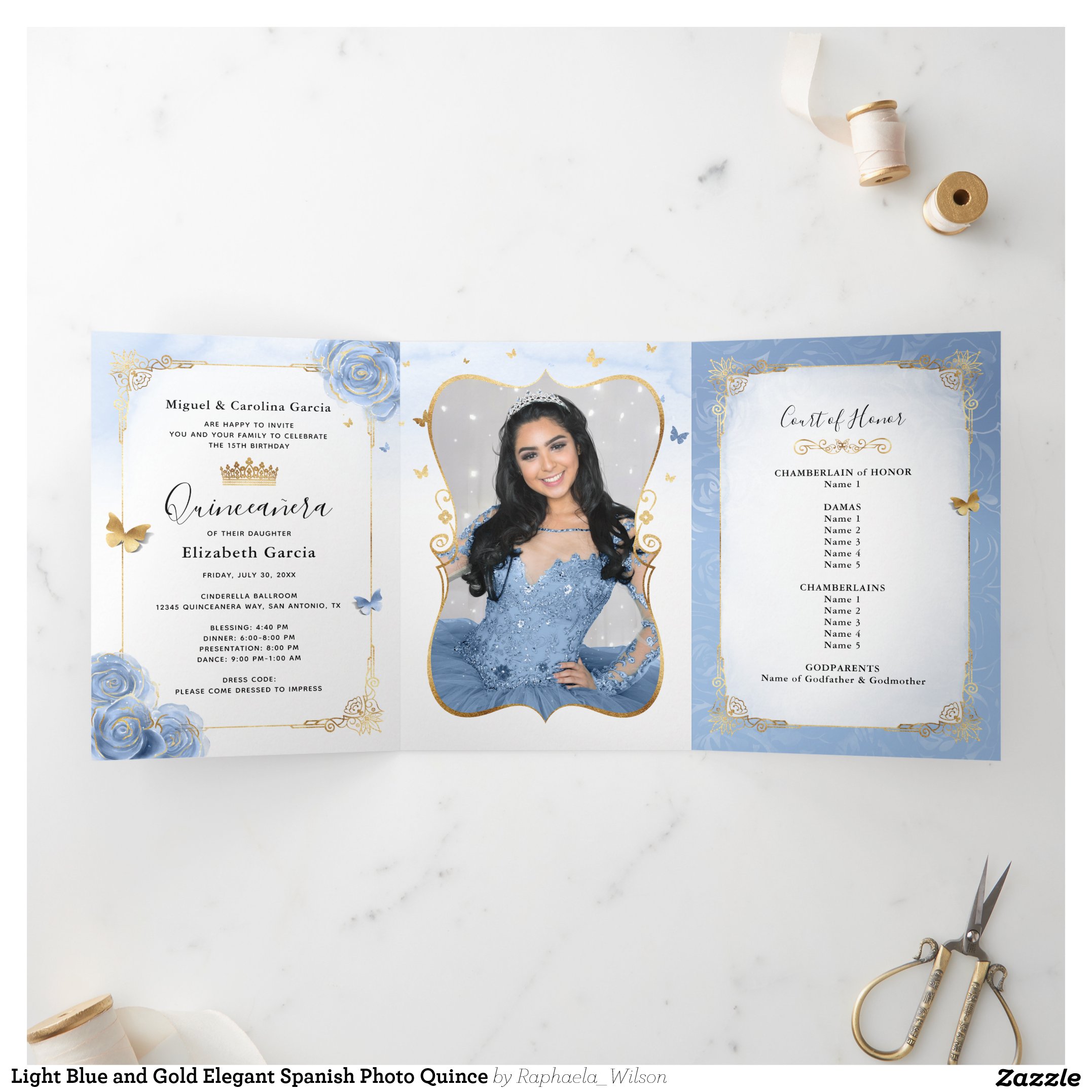 Light Blue and Gold Elegant Spanish Photo Quince Tri-Fold Invitation