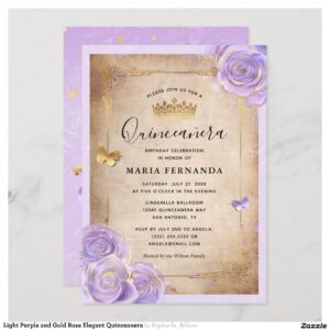 Light Purple and Gold Rose Elegant Quinceanera Invitation
