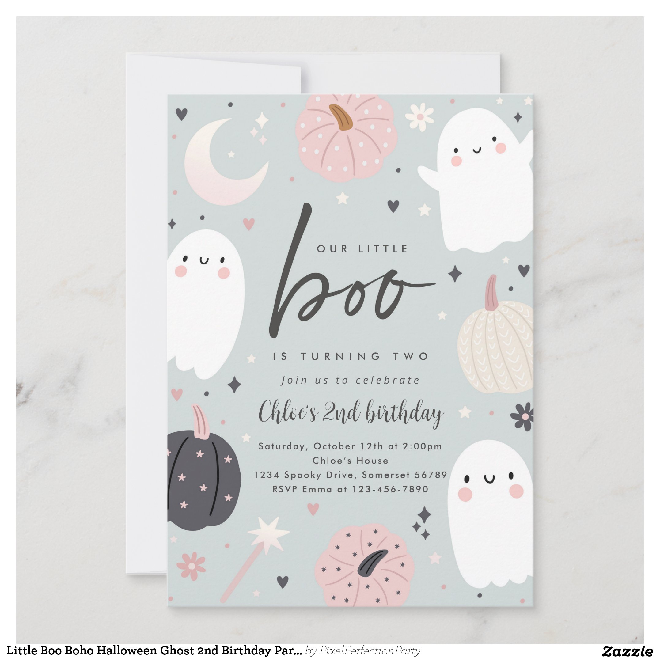 Little Boo Boho Halloween Ghost 2nd Birthday Party Invitation