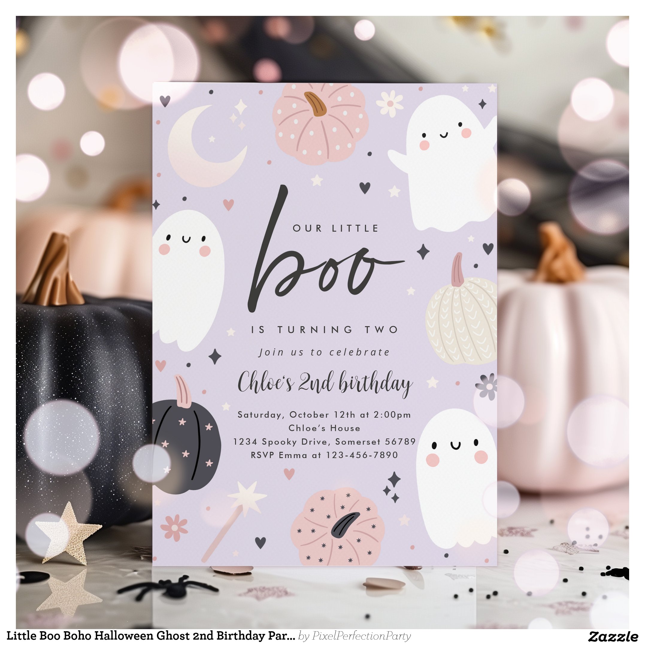 Little Boo Boho Halloween Ghost 2nd Birthday Party Invitation