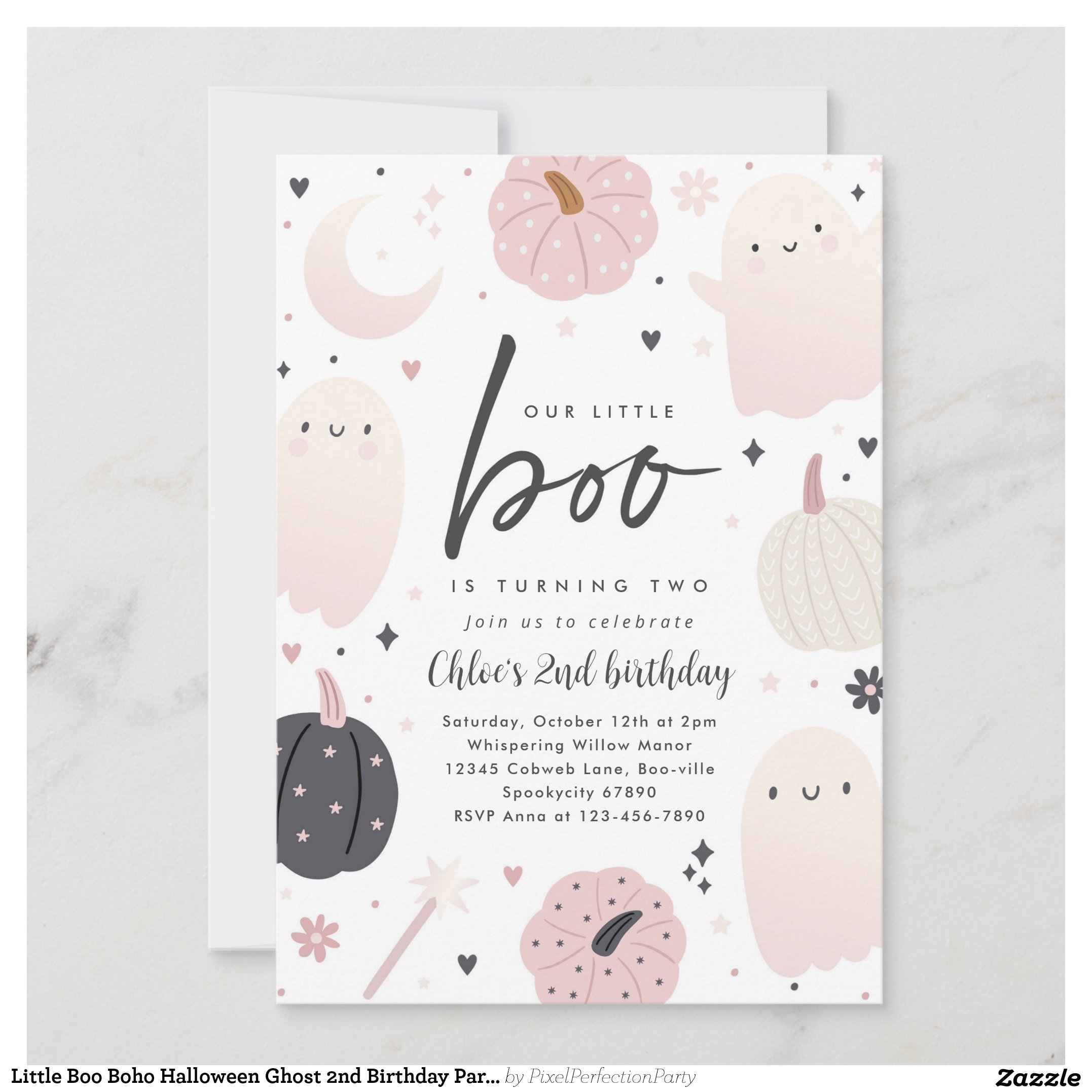 Little Boo Boho Halloween Ghost 2nd Birthday Party Invitation