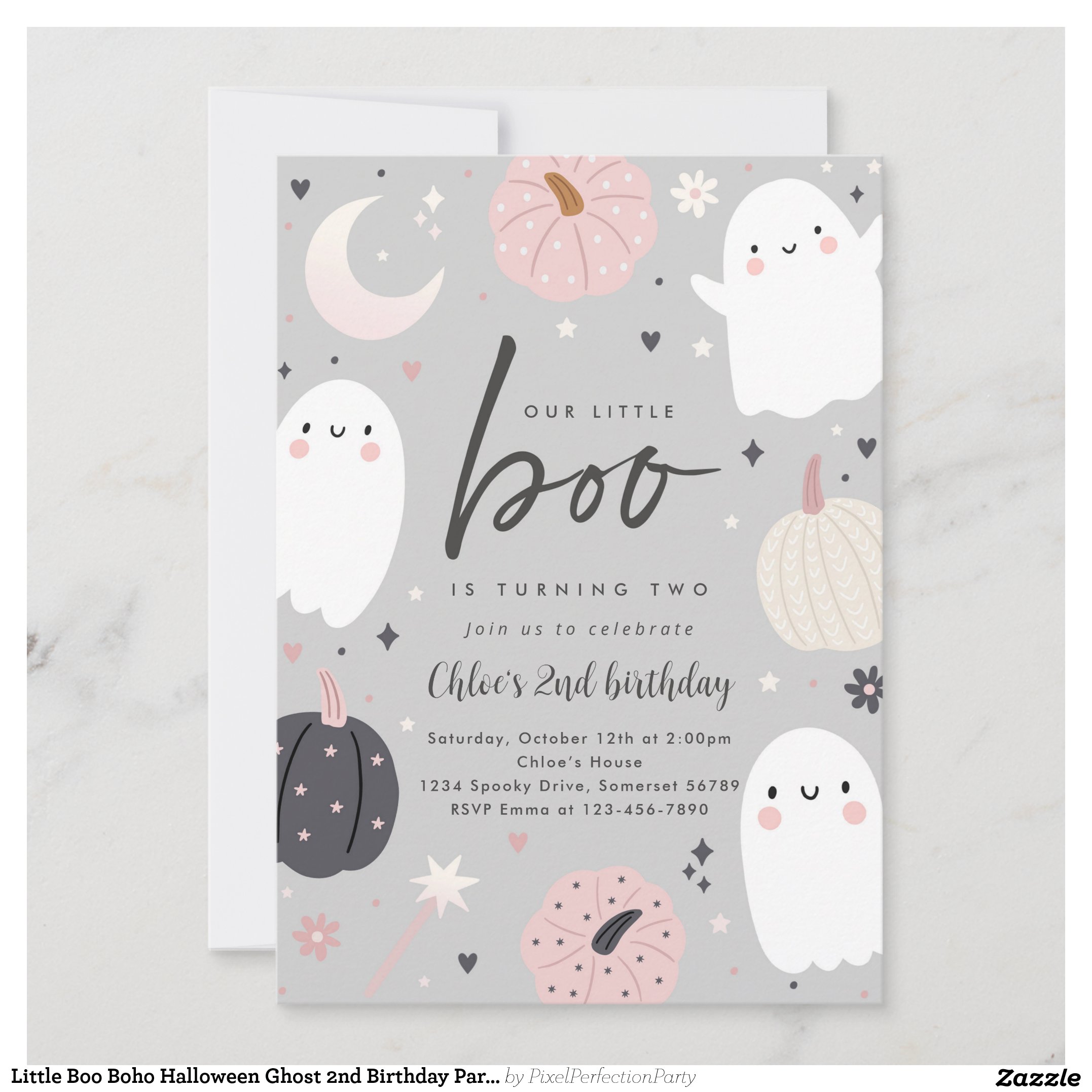 Little Boo Boho Halloween Ghost 2nd Birthday Party Invitation
