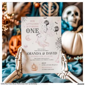 Little Boo Cute Ghost Halloween Girl 1st birthday Invitation
