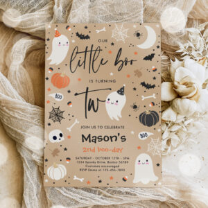 Little Boo Cute Orange Ghost 2nd Birthday Party Invitation