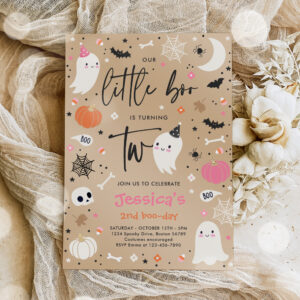 Little Boo Cute Pink Ghost 2nd Birthday Party Invitation