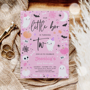 Little Boo Cute Pink Ghost 2nd Birthday Party Invitation