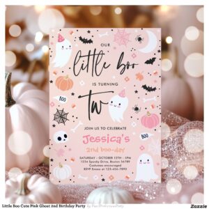 Little Boo Cute Pink Ghost 2nd Birthday Party Invitation