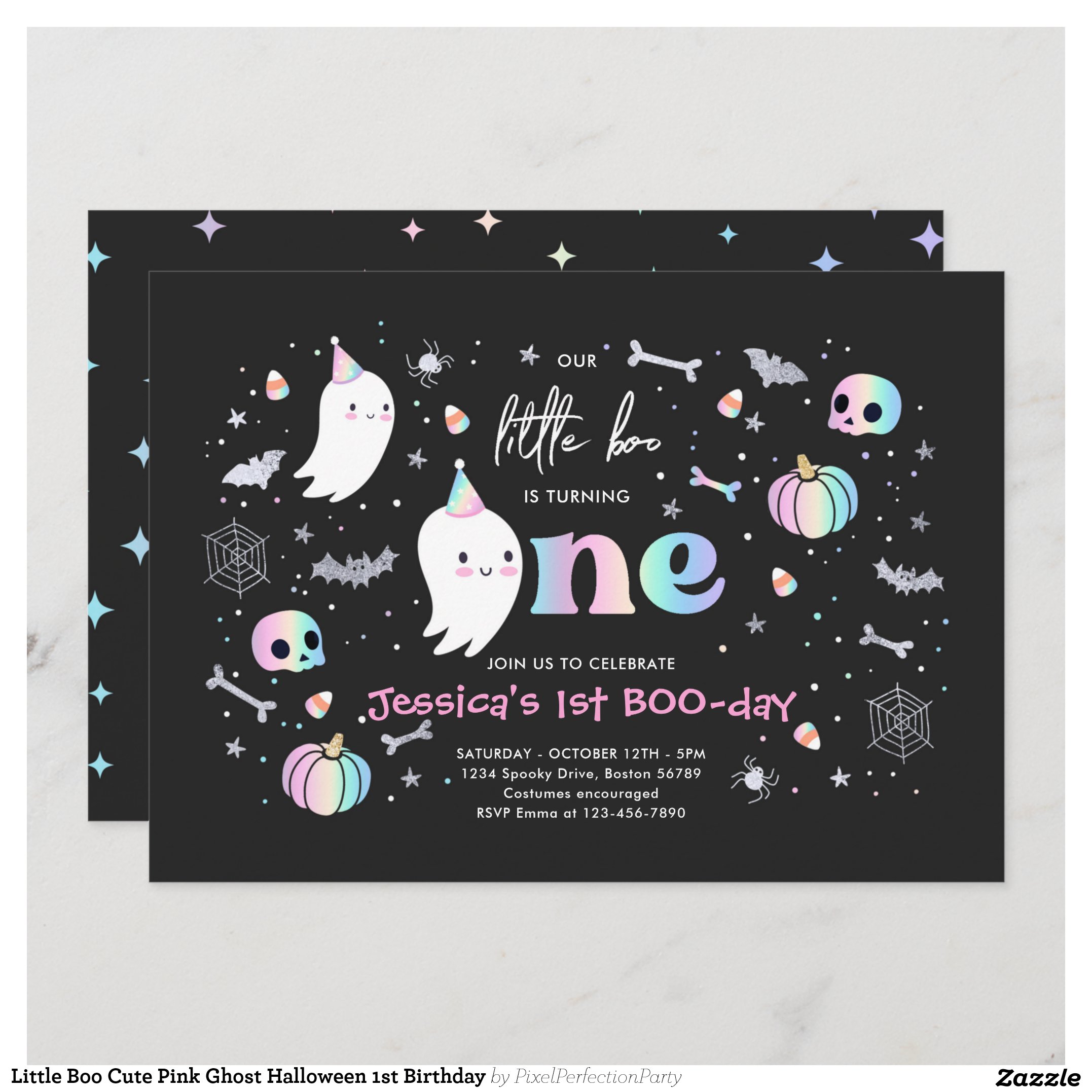 Little Boo Cute Pink Ghost Halloween 1st Birthday Invitation