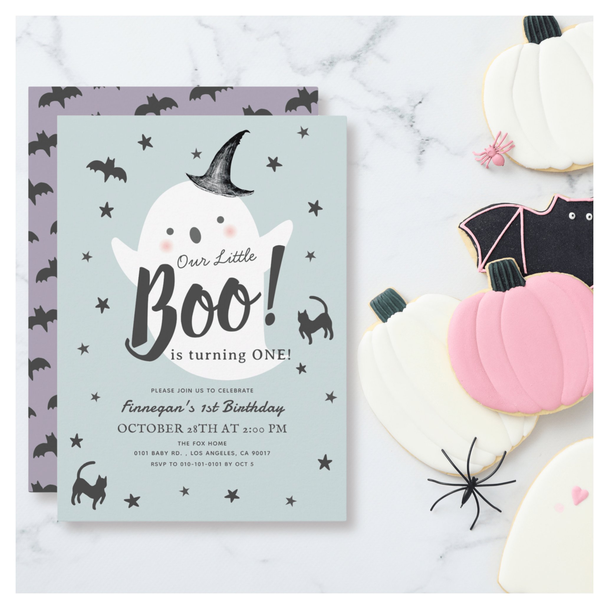 Little Boo Ghost Halloween Blue Boy 1st Birthday Invitation