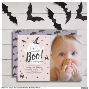 Little Boo Ghost Halloween Pink 1st Birthday Photo Invitation