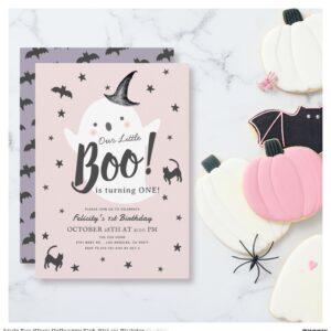 Little Boo Ghost Halloween Pink Girl 1st Birthday Invitation