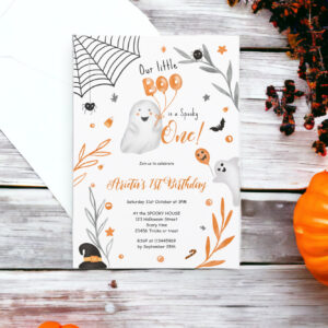 Little Boo Halloween orange spooky 1st birthday Invitation