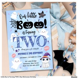Little Boo Is Turning TWO Boy Halloween Birthday Invitation
