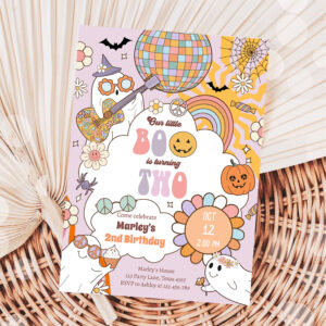 Little Boo Retro Halloween Girl Second Birthday Invitation