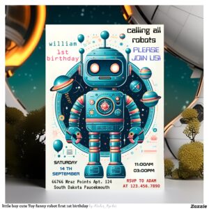 little boy cute Toy funny robot first 1st birthday Invitation