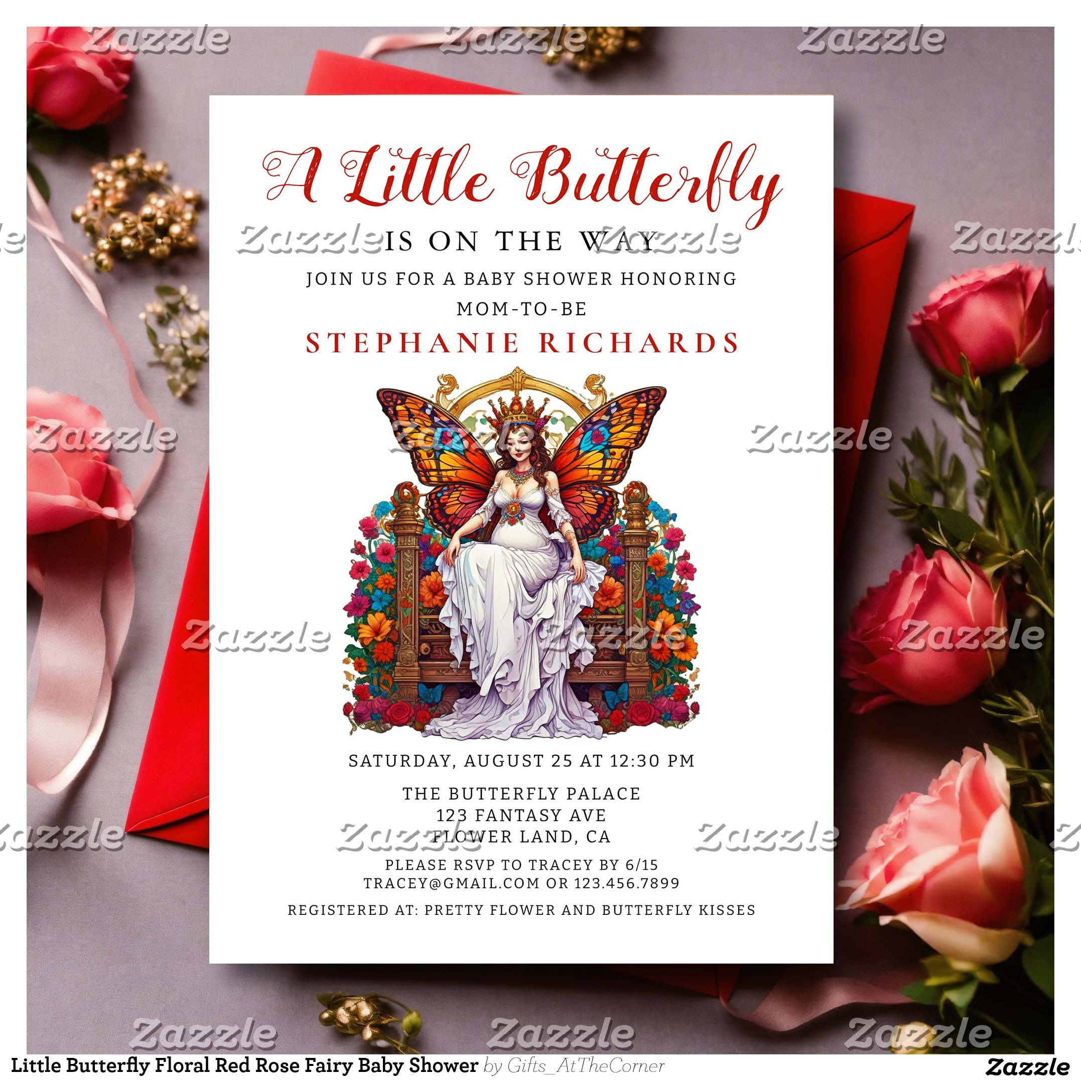 Little Butterfly Floral Red Rose Fairy Baby Shower Invitation