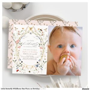 Little Butterfly Wildflower Bee Photo 1st Birthday Invitation