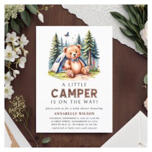 Little Camper Teddy Bear Watercolor Woodland Invitation