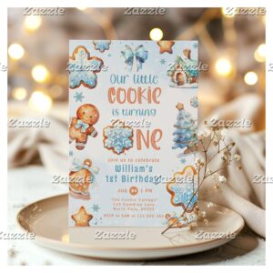 Little Cookie Blue boy 1st birthday Christmas Invitation