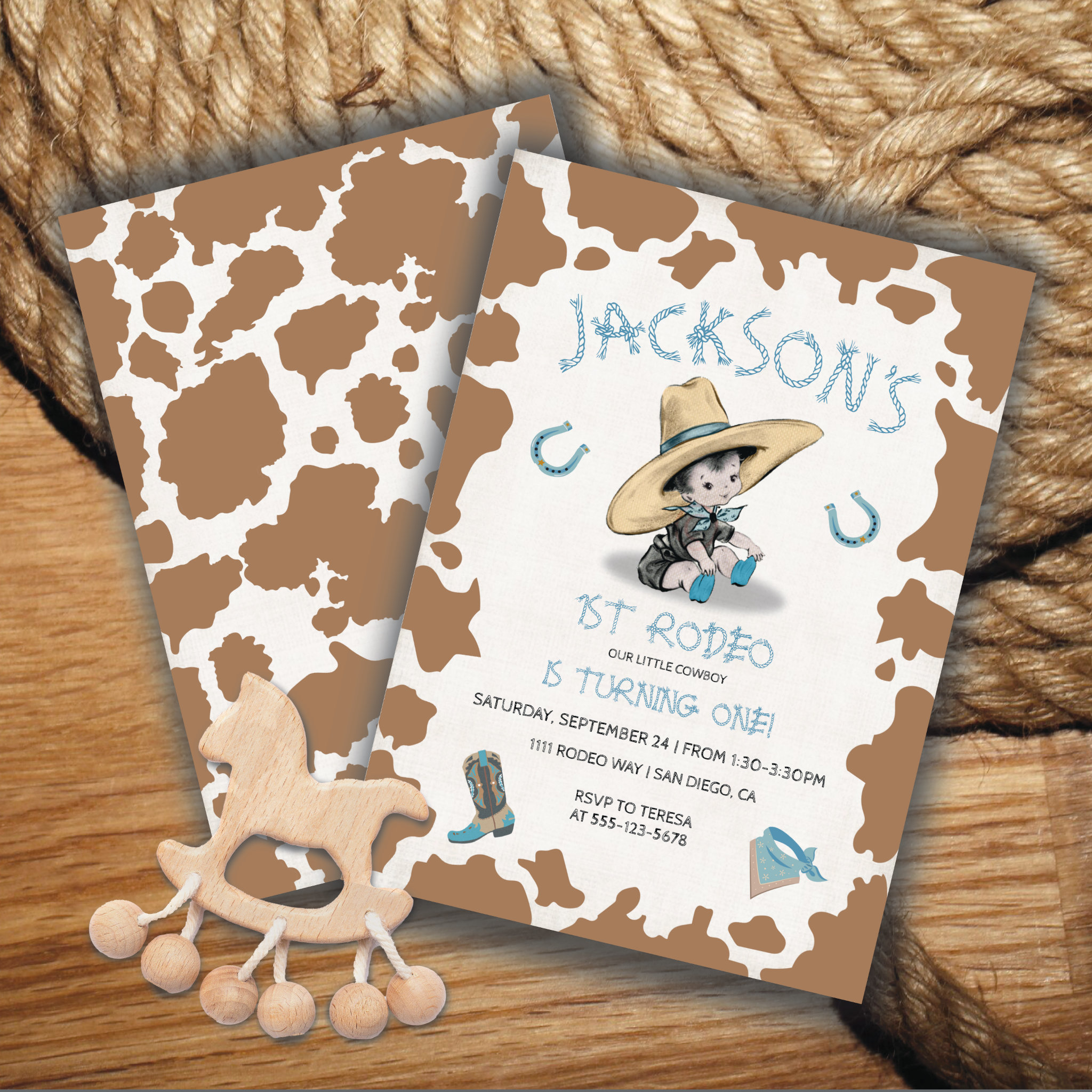 Little Cowboy 1st Rodeo Cow pattern Birthday Party Invitation