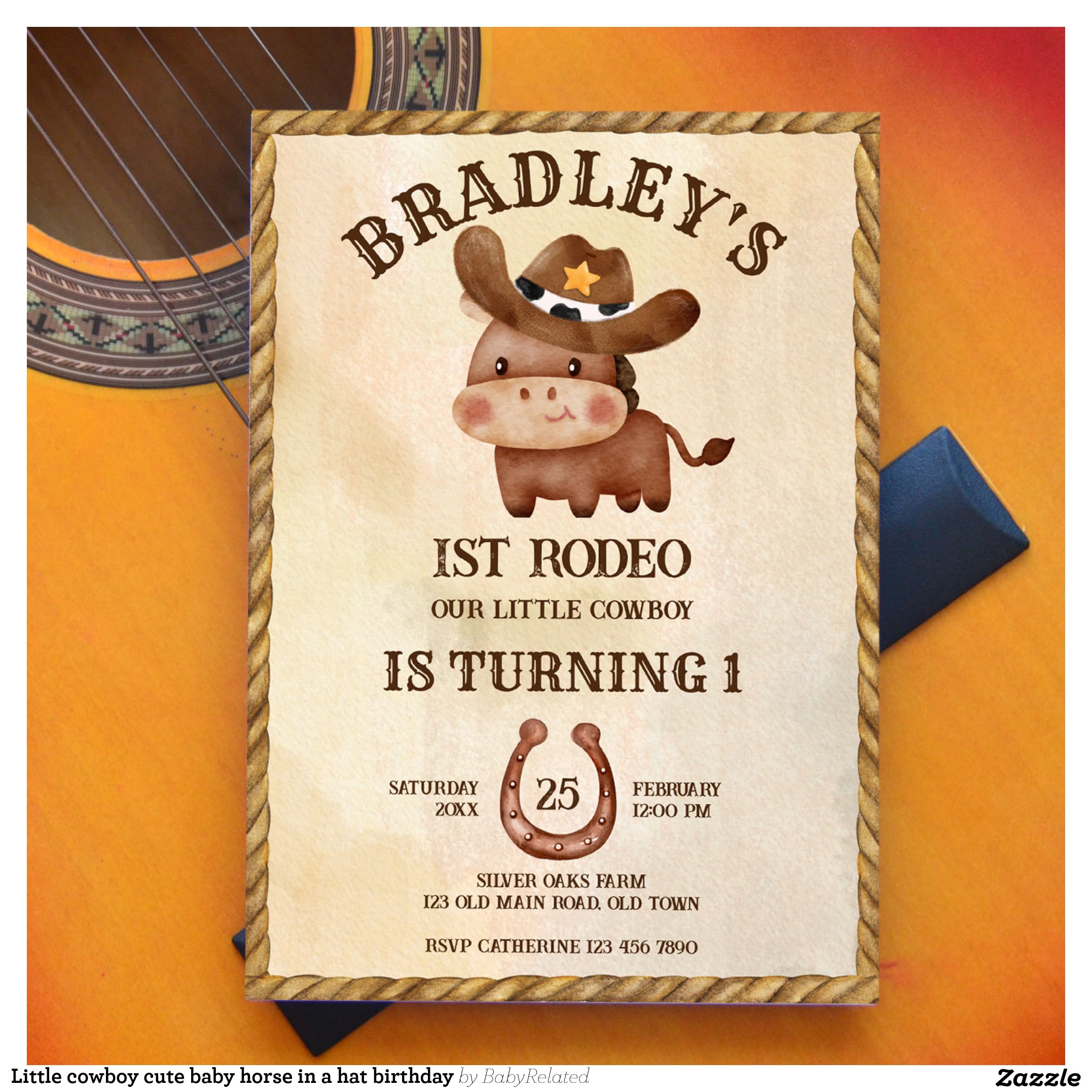 Little cowboy cute baby horse in a hat birthday invitation