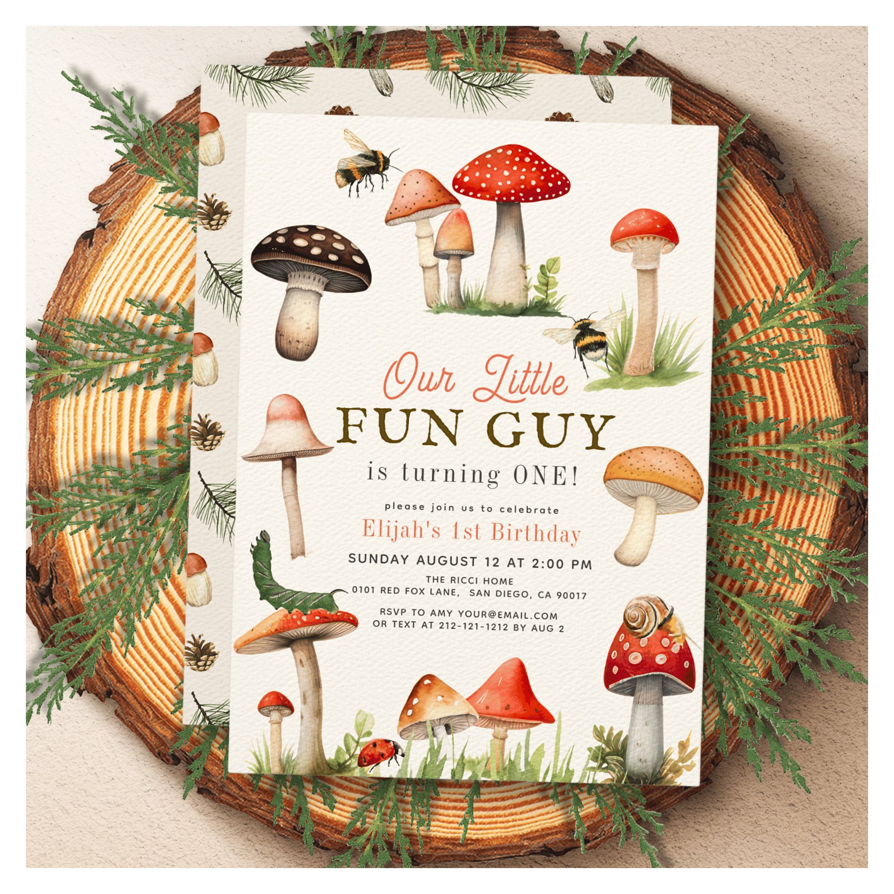 Little Fun Guy Mushroom Bee Boy 1st Birthday Invitation